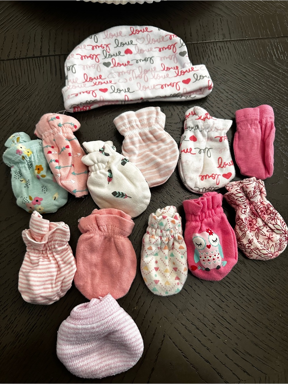 Baby Girls Pink and White Newborn Mittens and Hat Set